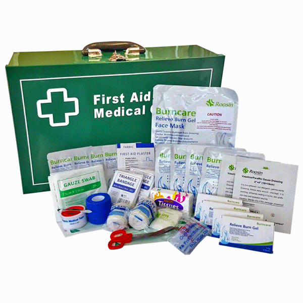 Large Industrial/Commercial Burn Care kit in large green metal box