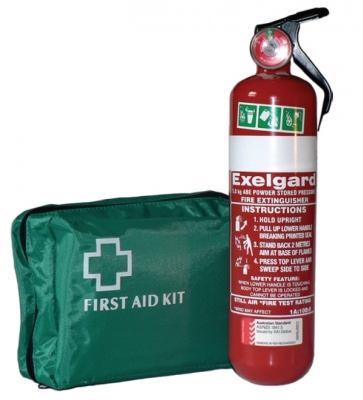 Vehicle first aid kit with fire extinguisher